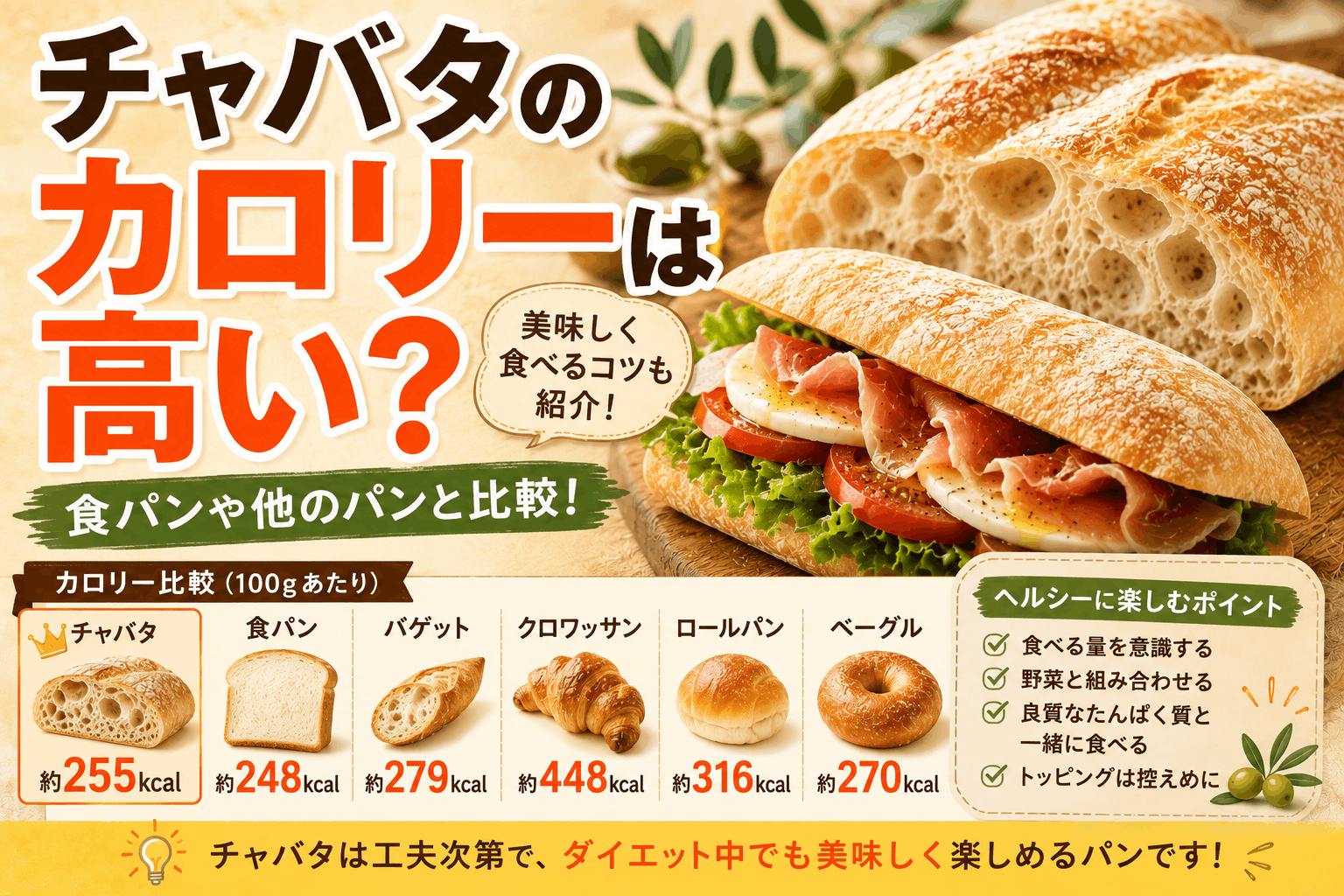 チャバタのカロリーは高い？食パンや他のパンと比較して解説