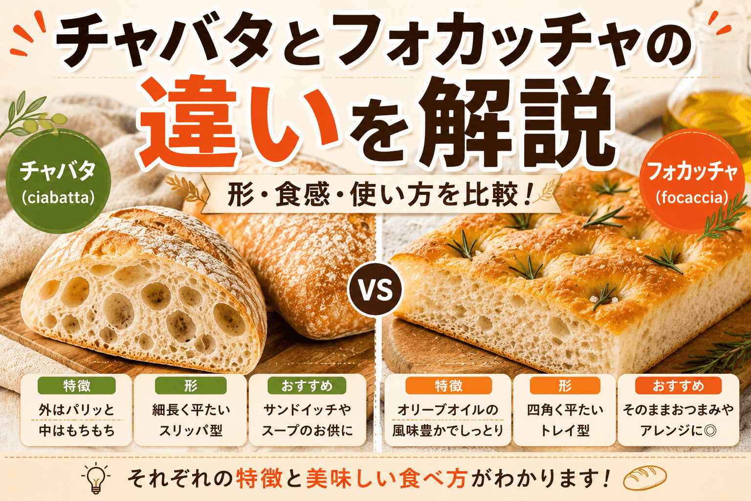 チャバタとフォカッチャの違いを解説｜形・食感・使い方を比較