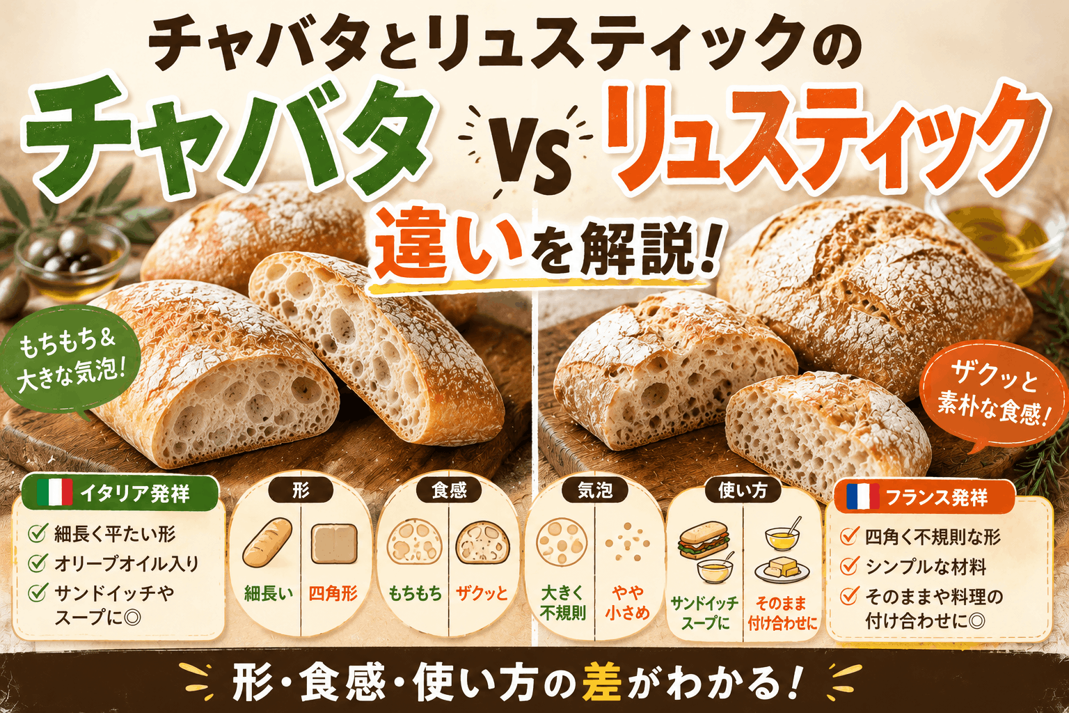 チャバタとリュスティックの違いを解説｜形・食感・使い方の差がわかる