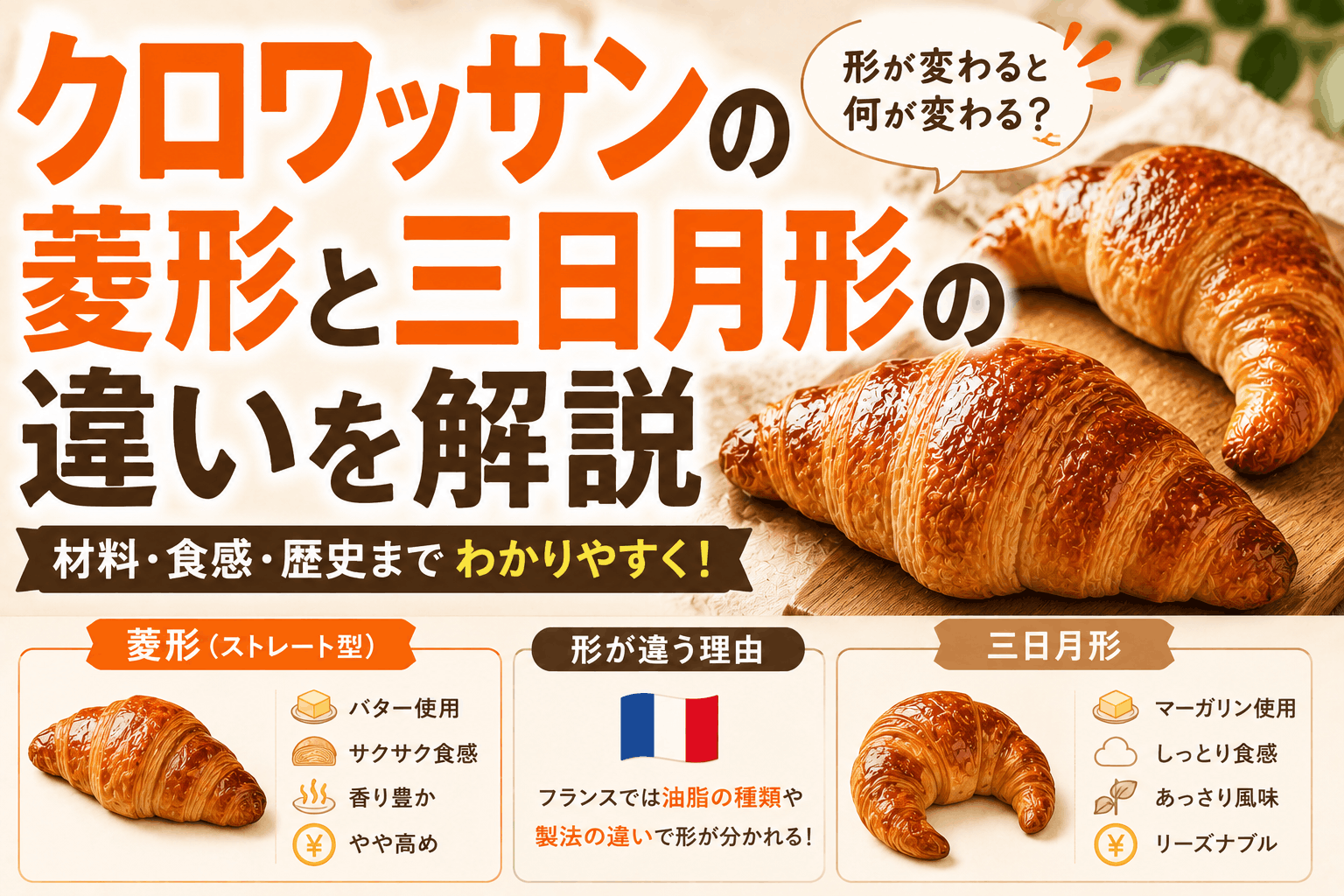 クロワッサンの菱形と三日月形の違いを解説|形が変わると何が変わる?