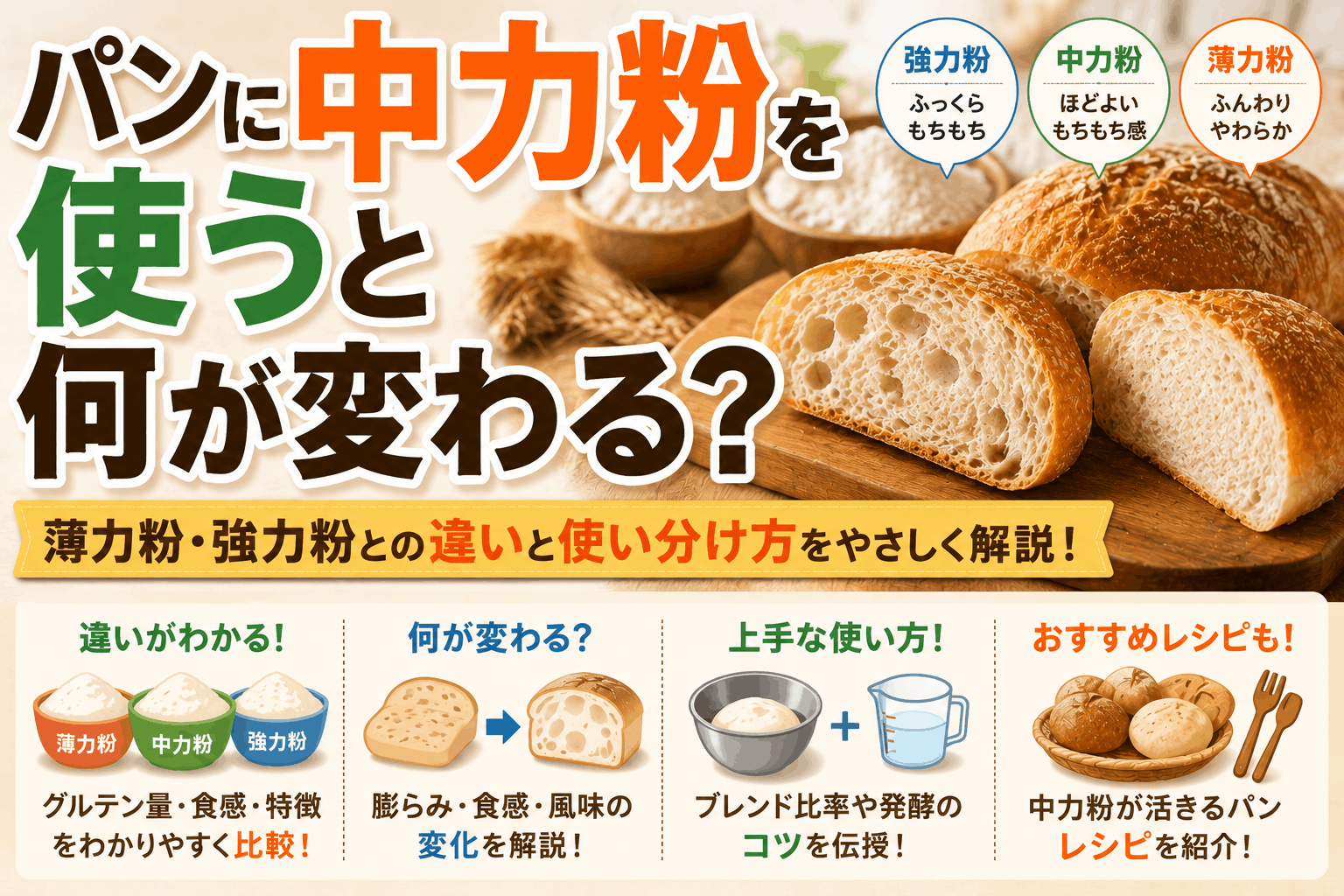パンに中力粉を使うと何が変わる?薄力粉・強力粉との違いと使い分け方