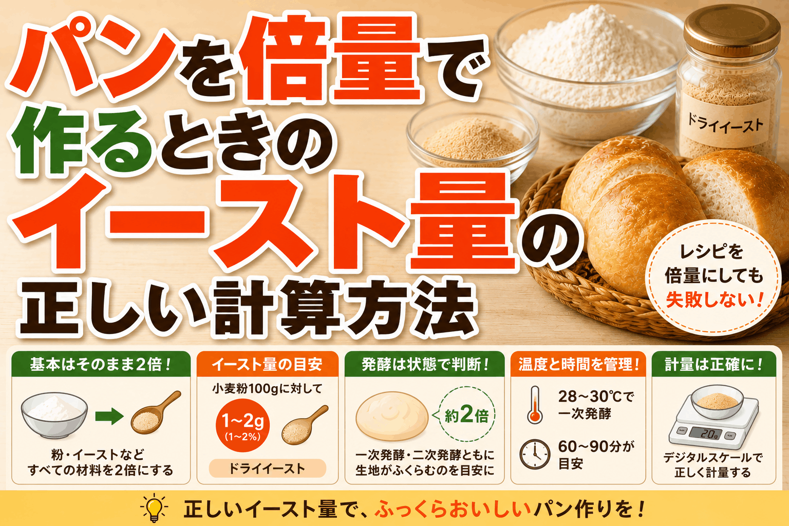 パンを倍量で作るときのイースト量の正しい計算方法
