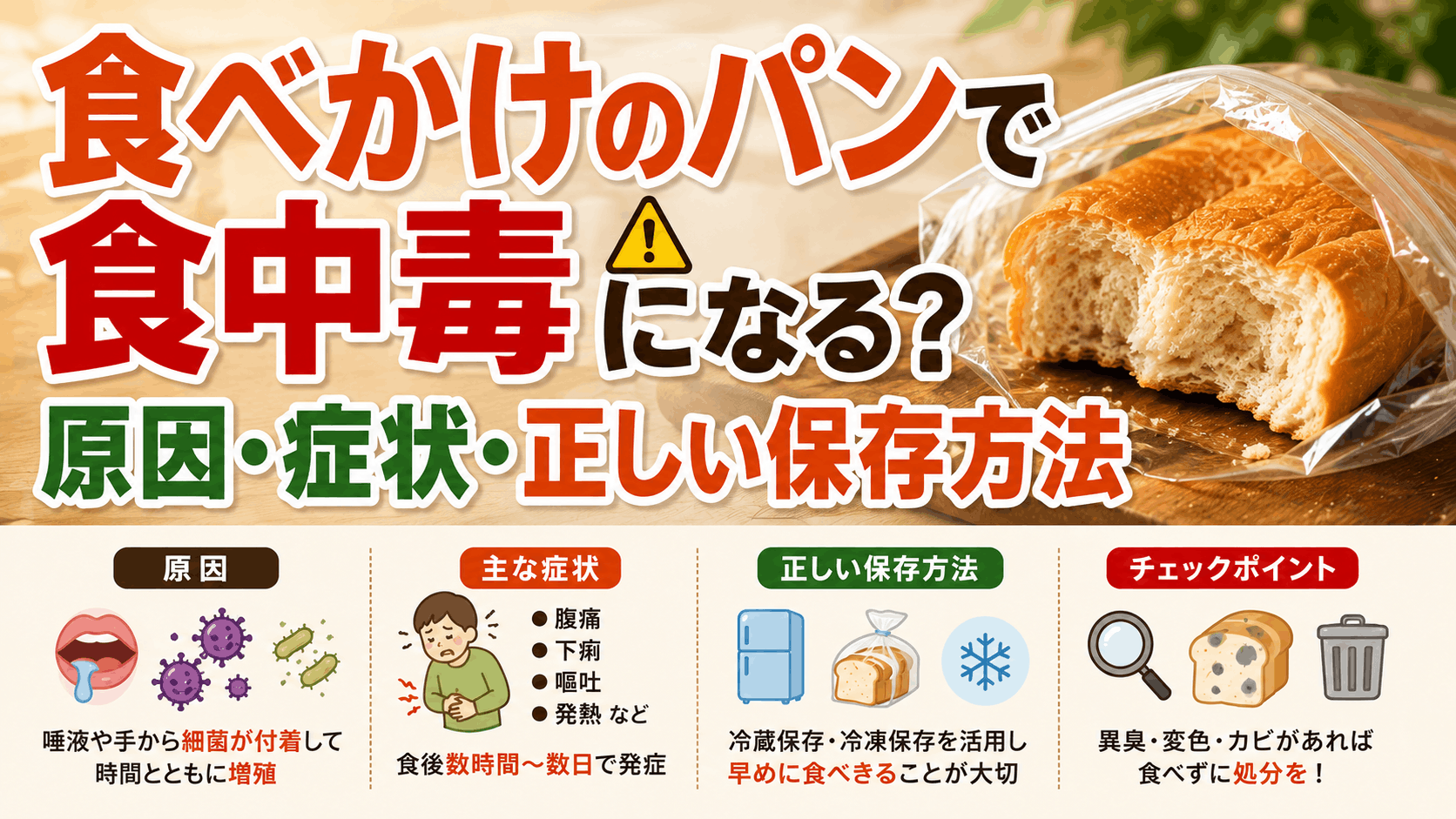 食べかけのパンで食中毒になる？原因・症状・正しい保存方法を解説