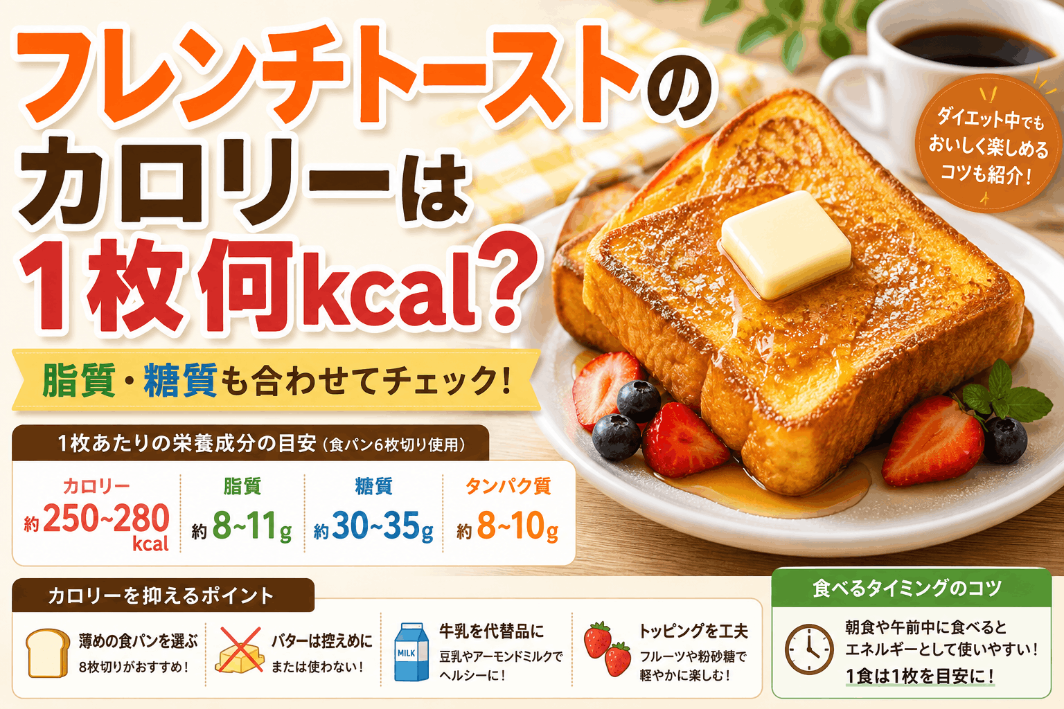 フレンチトーストのカロリーは1枚何kcal？脂質・糖質も合わせてチェック