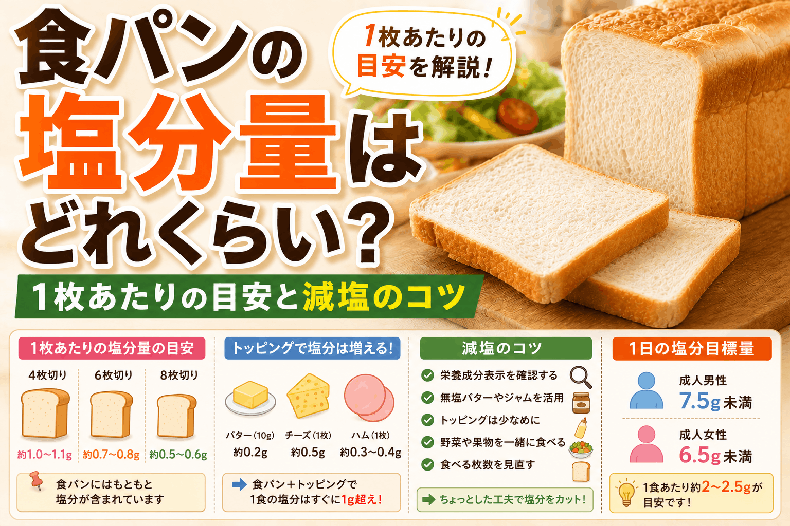食パンの塩分量はどれくらい？1枚あたりの目安と減塩のコツ