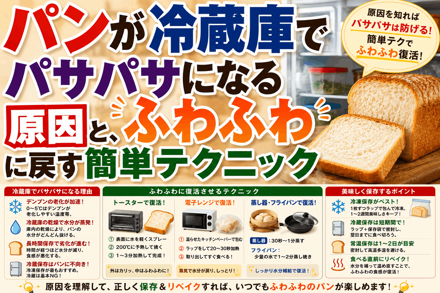 パンが冷蔵庫でパサパサになる原因と、ふわふわに戻す簡単テクニック