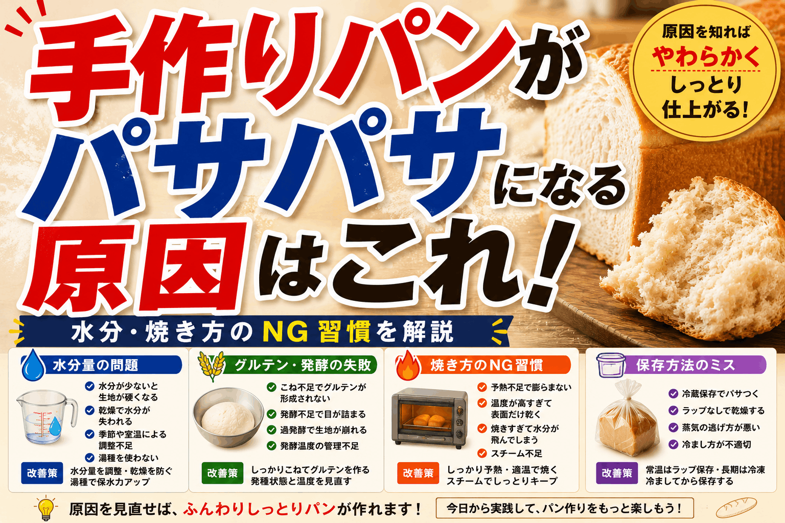 手作りパンがパサパサになる原因はこれ｜水分・焼き方のNG習慣を解説