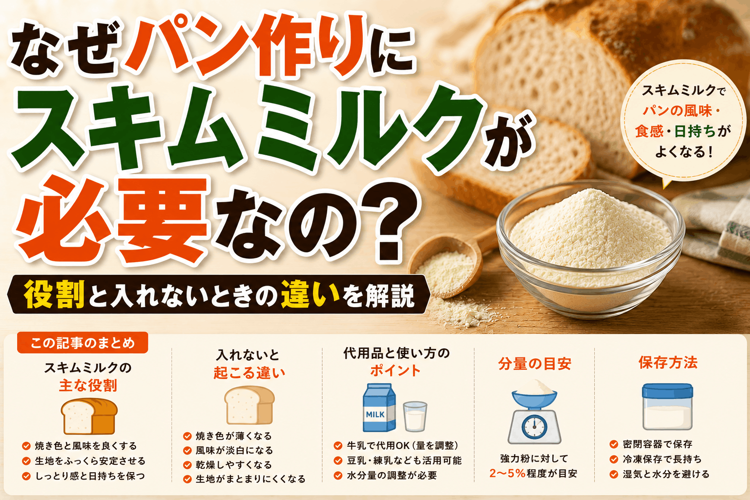 なぜパン作りにスキムミルクが必要なの?役割と入れないときの違いを解説